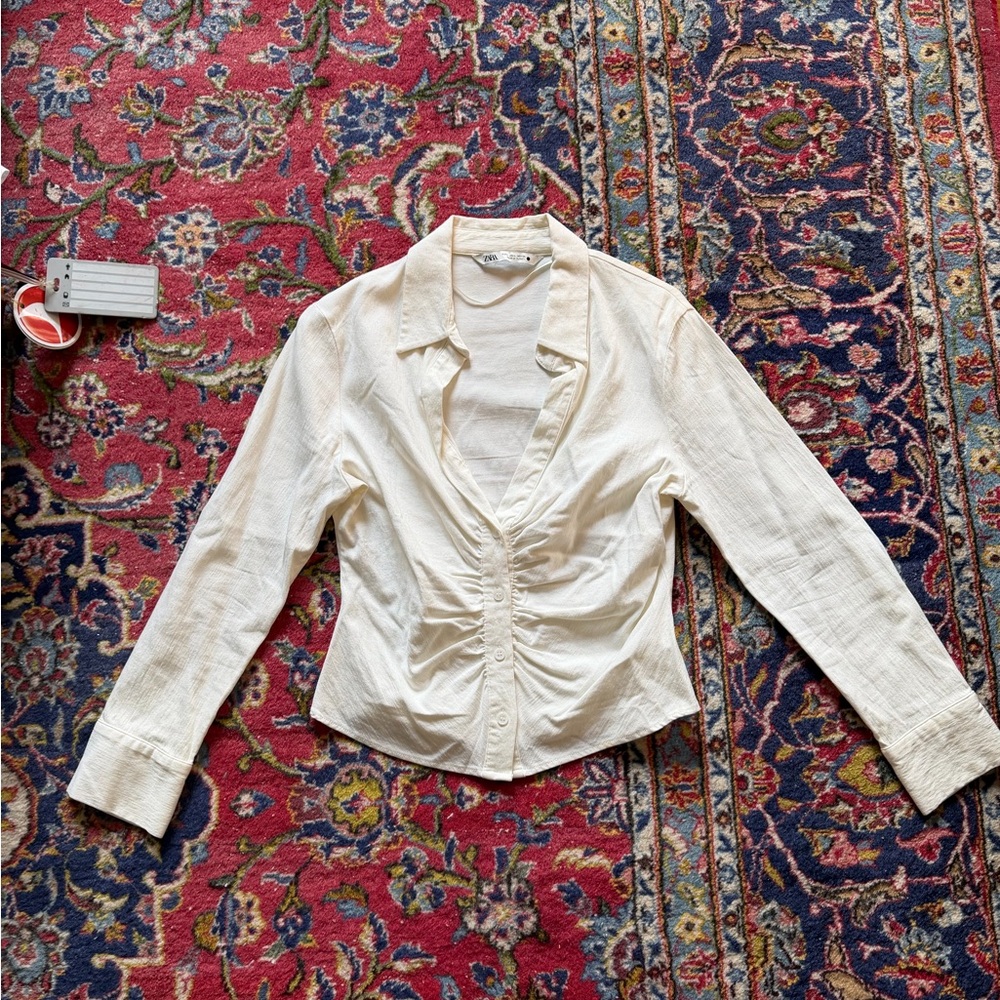 Zara Ruched Button-Up Top